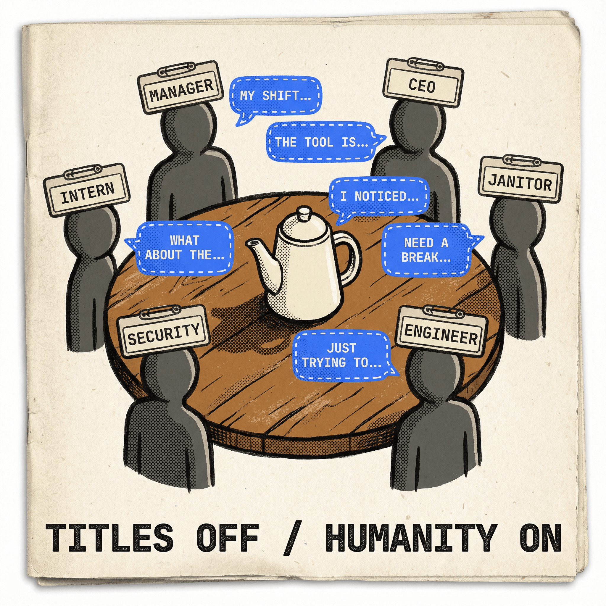 Team members sharing coffee and conversation in a relaxed setting, dissolving hierarchy