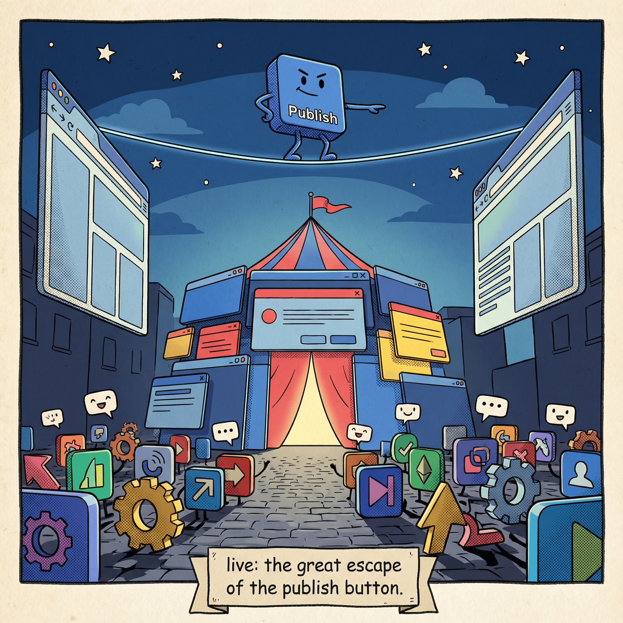 The publish button performing at a digital circus, living its dream